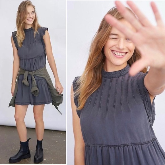 Anthropologie Dark Gray Jenee Tiered Tunic Dress L Large Summer Swing Pockets - Picture 2 of 16